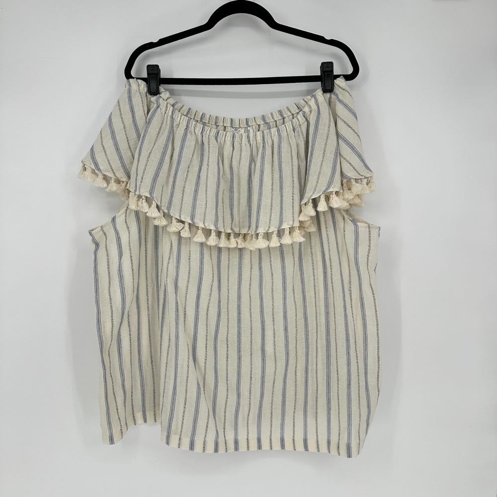 Artisan NY Off‎ The Shoulder Metallic Stripe Cotton Tassel Ruffle Blouse Top 3X